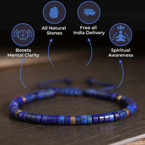 Lapis lazuli bracelet benefits infographic showing mental clarity and spiritual awareness