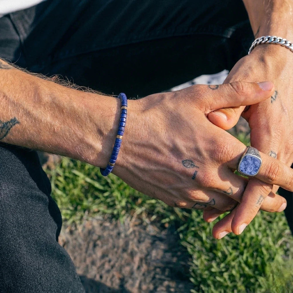 Natural lapis lazuli heishi bead bracelet with gold accents for wisdom - Soultheory India