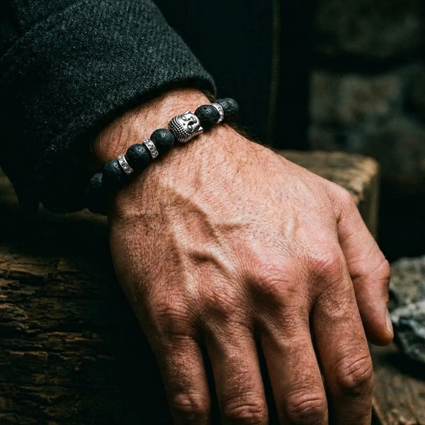 Lava Rock Natural Stone Buddha Bracelet - worn on wrist