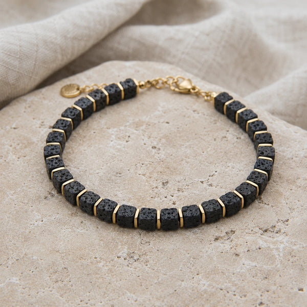 Natural lava stone bracelet with golden hematite beads for grounding and strength - Soultheory India