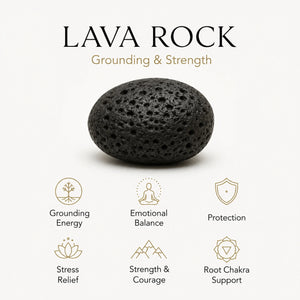 Lava rock bracelet benefits infographic showing grounding energy, emotional balance and strength