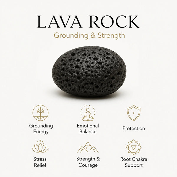 Lava rock bracelet benefits infographic showing grounding energy, emotional balance and strength
