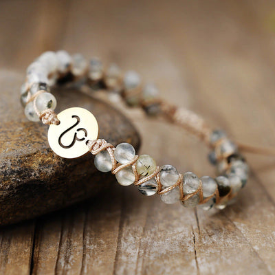 Leo zodiac energy stone bracelet with gold sign charm and green prehnite beads for confidence - Soultheory India