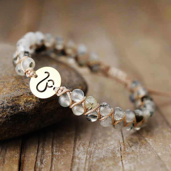 Leo zodiac energy stone bracelet with gold sign charm and green prehnite beads for confidence - Soultheory India