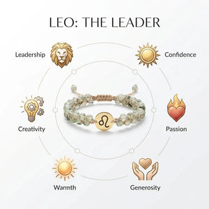 Leo the leader traits chart around the zodiac stone bracelet showing leadership, confidence and passion icons