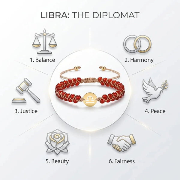 Libra the diplomat chart with red agate zodiac bracelet showing balance, justice, peace and fairness