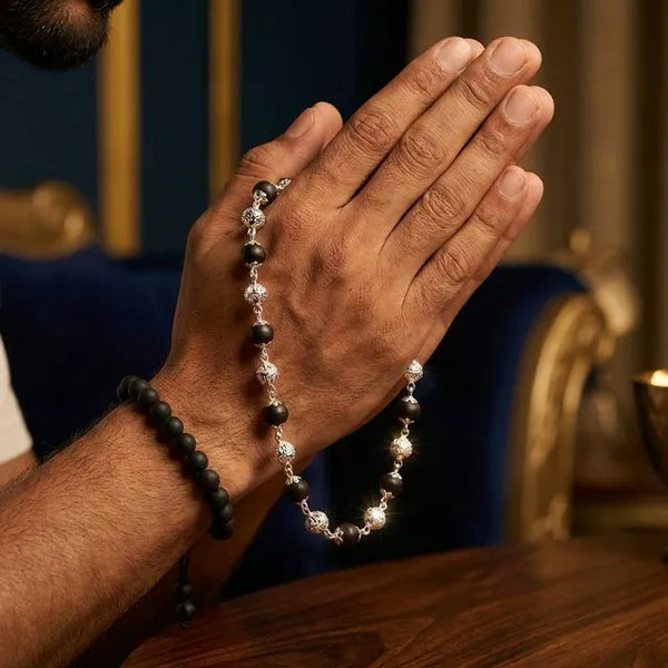 Karungali Ebony Wood Bracelet x Karungali OM Silver Cap Malai Combo