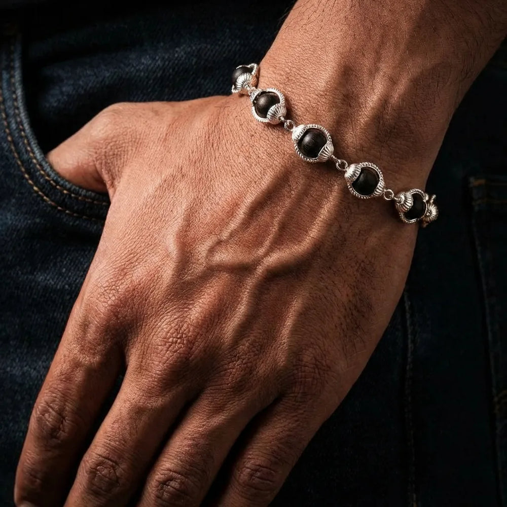 Karungali Malai Silver Cap Bracelet Modern - Ebony Wood