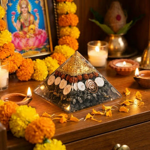 Lakshmi Yantra Pyramid with Shree Yantra, Rudraksha, Gomti Chakra & Pyrite