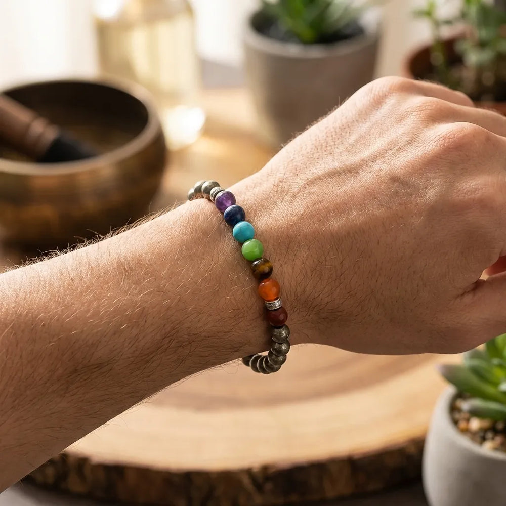 Pyrite with 7 Chakra Bracelet – Stone of Wealth, Energy & Spiritual Balance