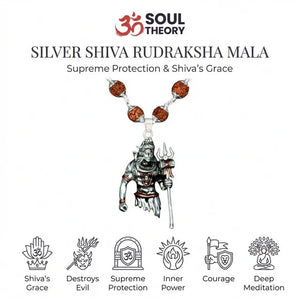 Silver Shiva rudraksha mala benefits chart showing supreme protection, inner power and meditation