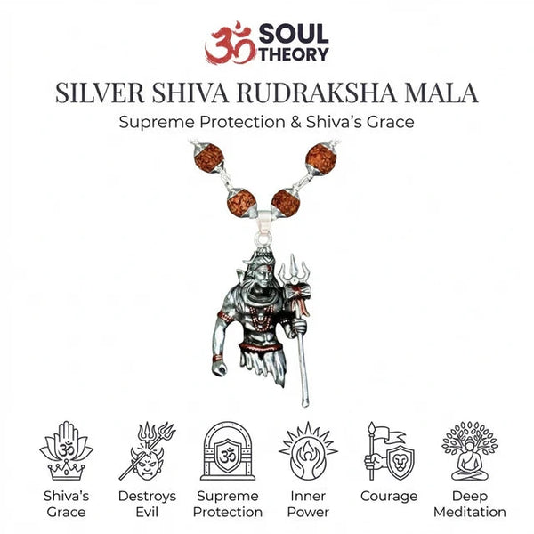 Silver Shiva rudraksha mala benefits chart showing supreme protection, inner power and meditation