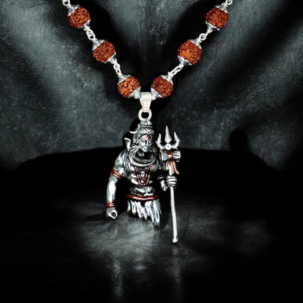 Silver plated Lord Shiva pendant on a rudraksha mala with trishul detail for devotion - Soultheory India