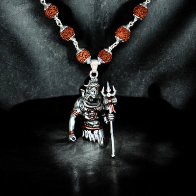 Silver plated Lord Shiva pendant on a rudraksha mala with trishul detail for devotion - Soultheory India
