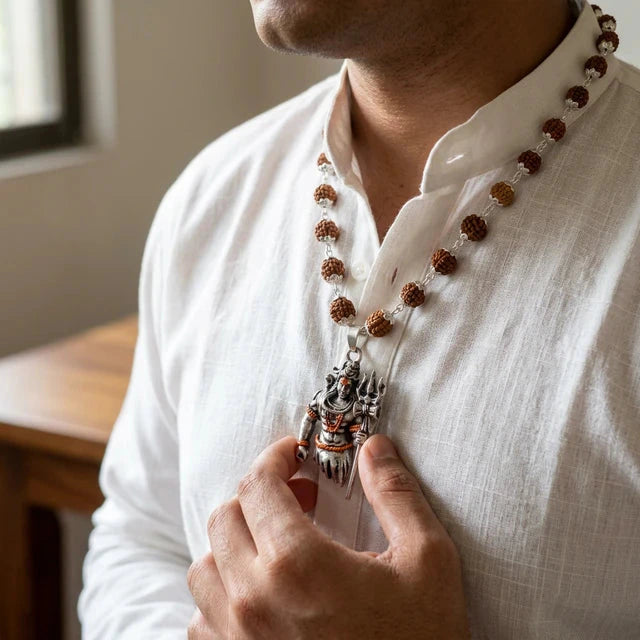 Silver plated Lord Shiva pendant on a rudraksha mala with trishul detail for devotion - Soultheory India