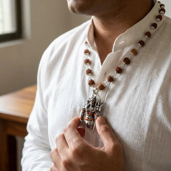 Man wearing the Lord Shiva rudraksha mala over a white kurta, holding the silver Shiva pendant