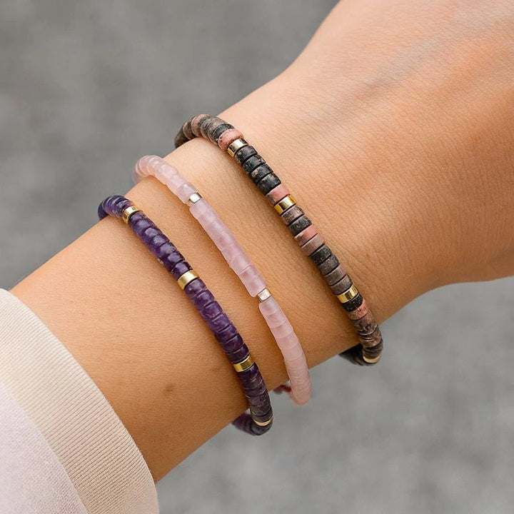 Love harmony combo with rose quartz, rhodonite and amethyst bracelets worn on wrist for love - Soultheory India