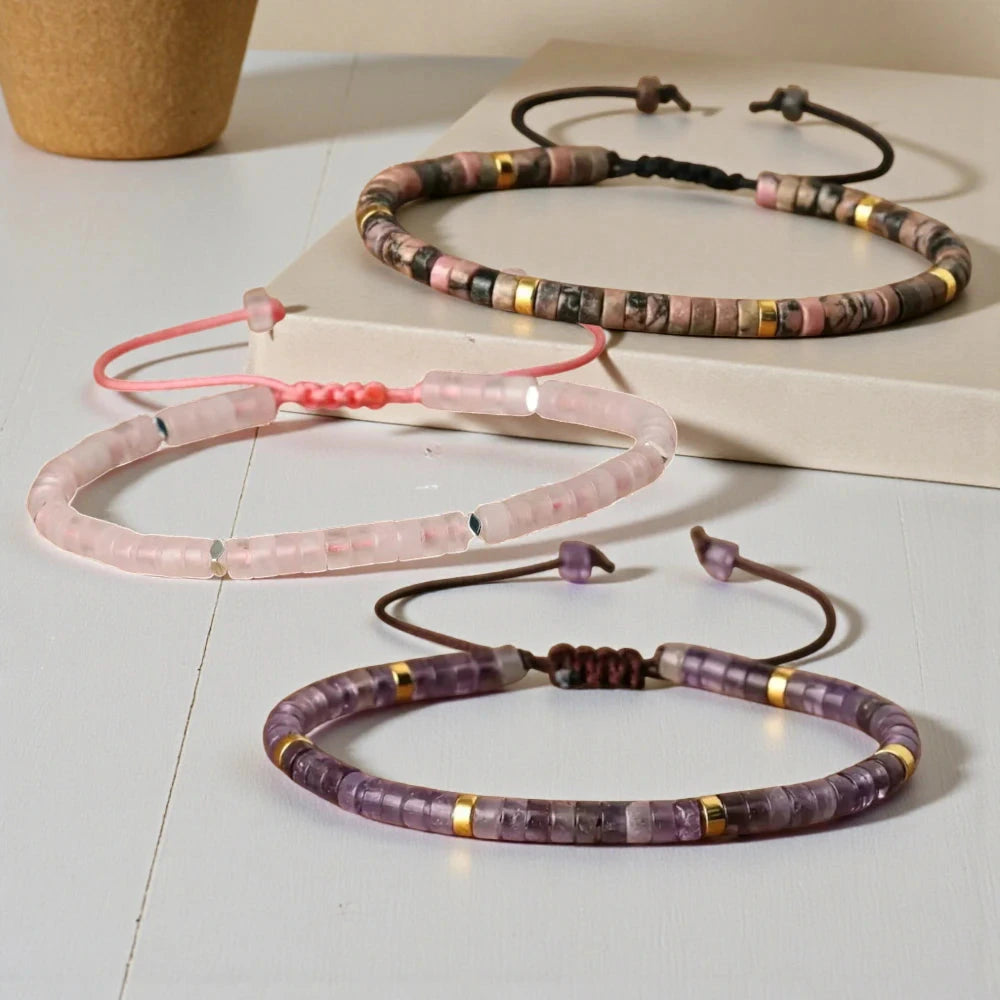 Love harmony combo with rose quartz, rhodonite and amethyst bracelets worn on wrist for love - Soultheory India