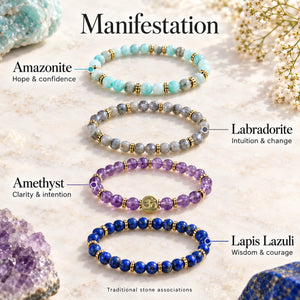 Soultheory Manifestation 4 mm bracelet stack with Amazonite, Labradorite - stone benefits with colour markers