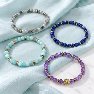 Soultheory Manifestation 4 mm bracelet stack with Amazonite, Labradorite - fabric styling photograph