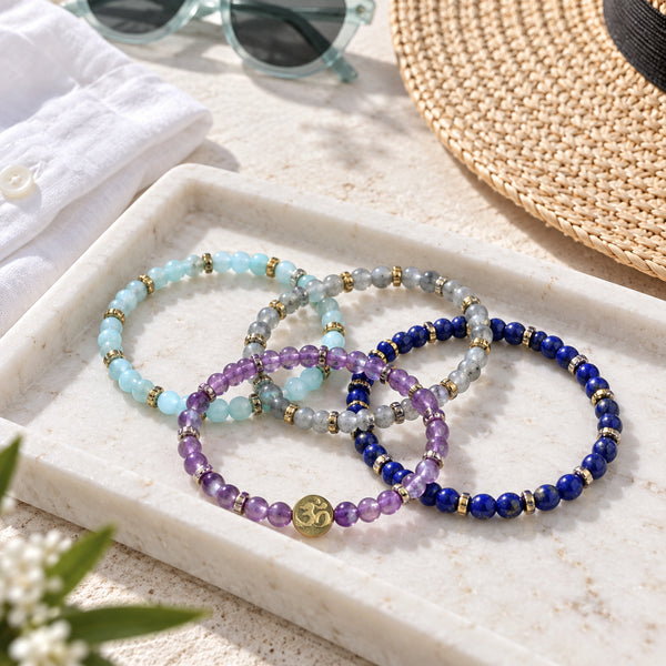 Soultheory Manifestation 4 mm bracelet stack with Amazonite, Labradorite - everyday-use styling photograph