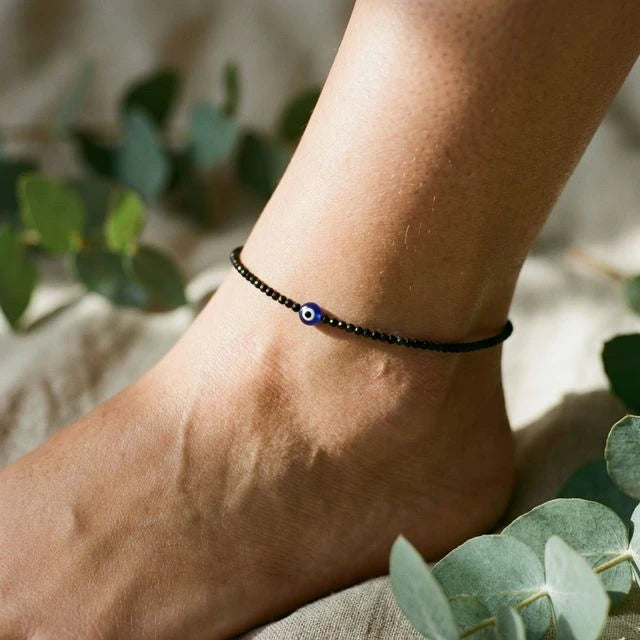 Black Tourmaline Anklet with Evil Eye (Nazar) Charm