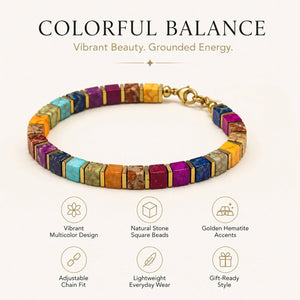 Multi imperial jasper bracelet features: natural square beads, golden hematite accents and adjustable fit