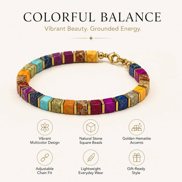 Multi imperial jasper bracelet features: natural square beads, golden hematite accents and adjustable fit