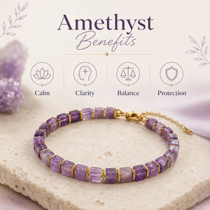Amethyst bracelet benefits chart showing calm, clarity, balance and protection - Soultheory