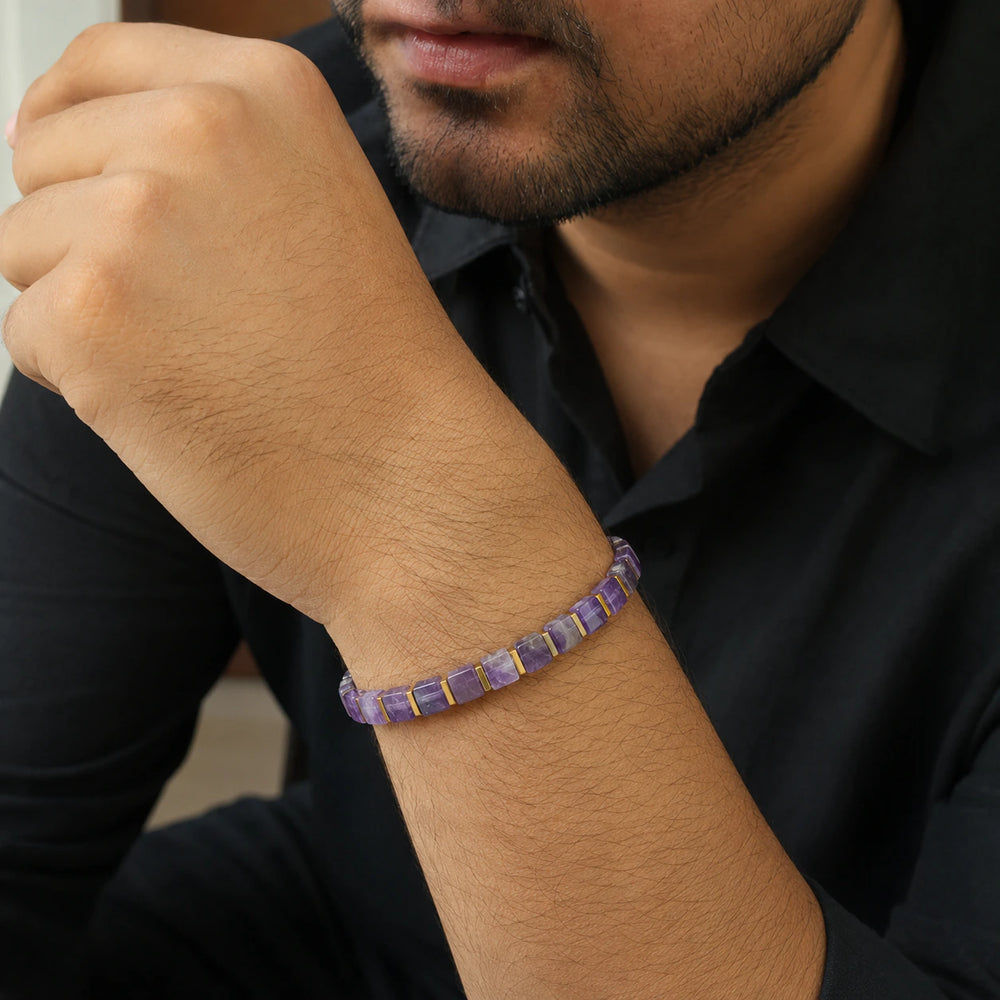 Natural amethyst bracelet with golden hematite beads for calm and clarity - Soultheory India