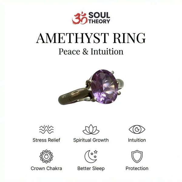 Amethyst ring benefits card for calm, mental clarity and inner peace