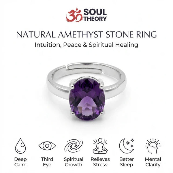 Amethyst ring infographic highlighting peace, intuition, spiritual growth and crown chakra energy