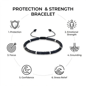 Black onyx bracelet benefits chart showing protection, focus, grounding and emotional strength