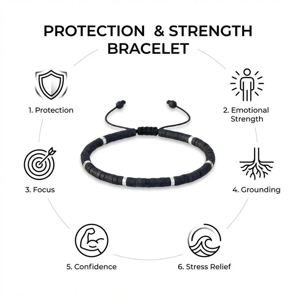 Black onyx bracelet benefits chart showing protection, focus, grounding and emotional strength
