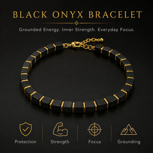 Black onyx bracelet benefits chart showing protection, strength, focus and grounding - Soultheory
