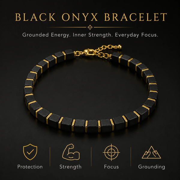 Black onyx bracelet benefits chart showing protection, strength, focus and grounding - Soultheory