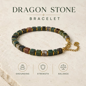 Dragon stone bracelet graphic highlighting grounding, strength and balance qualities