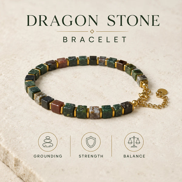 Dragon stone bracelet graphic highlighting grounding, strength and balance qualities