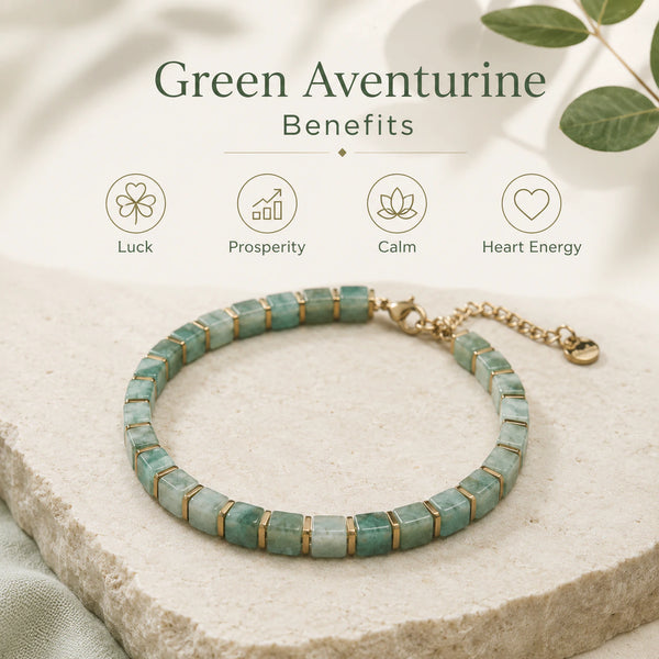 Green aventurine bracelet benefits chart showing luck, prosperity, calm and heart energy - Soultheory