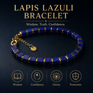 Lapis lazuli bracelet benefits chart showing wisdom, confidence, clarity and protection - Soultheory