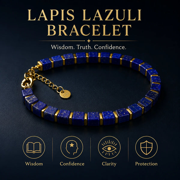 Lapis lazuli bracelet benefits chart showing wisdom, confidence, clarity and protection - Soultheory