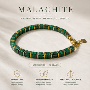 Malachite bracelet benefits chart showing 28 square green beads for protection and transformation