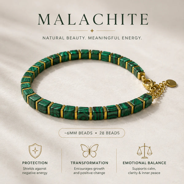 Malachite bracelet benefits chart showing 28 square green beads for protection and transformation