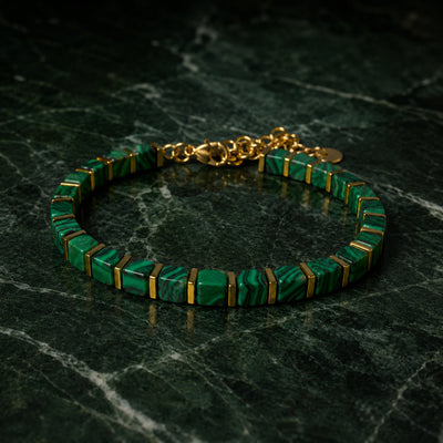 Natural malachite bracelet with golden hematite beads for transformation - Soultheory India
