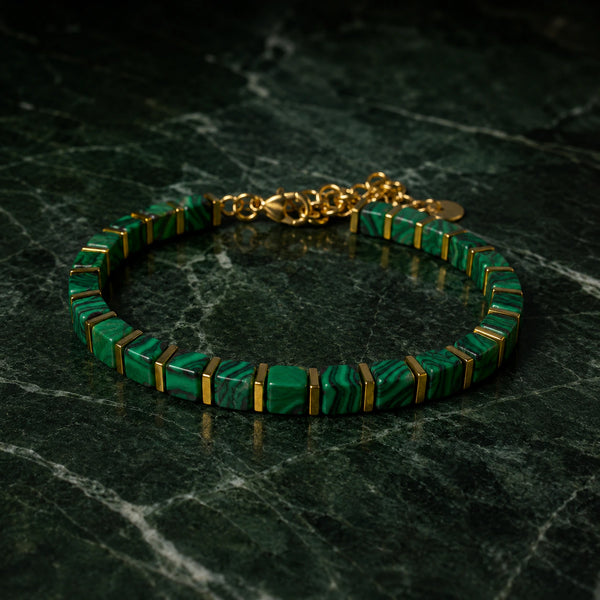 Natural malachite bracelet with golden hematite beads for transformation - Soultheory India