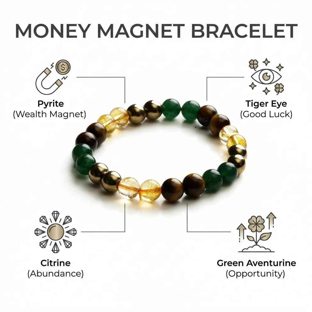 Natural money magnet bracelet with pyrite, tiger eye, citrine and green aventurine beads for abundance - Soultheory India