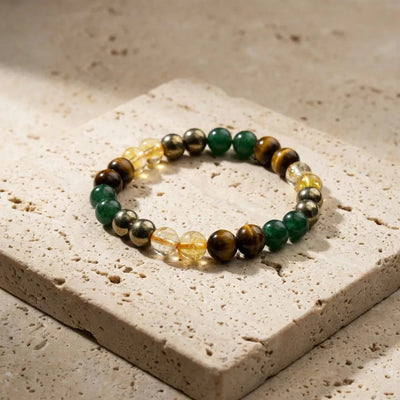 Natural money magnet bracelet with pyrite, tiger eye, citrine and green aventurine beads for abundance - Soultheory India