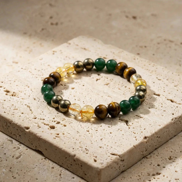 Natural money magnet bracelet with pyrite, tiger eye, citrine and green aventurine beads for abundance - Soultheory India