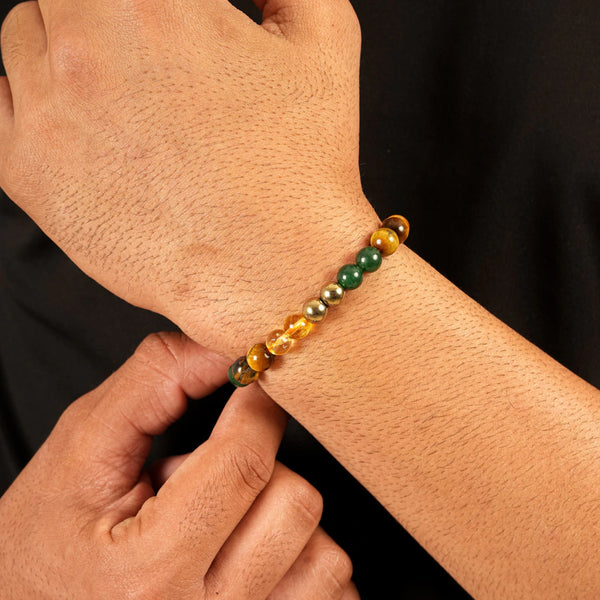Man wearing the pyrite and tiger eye money magnet bracelet for prosperity and good luck