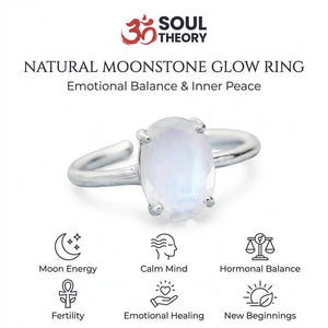 Natural moonstone glow ring benefits chart showing moon energy, calm mind and emotional balance
